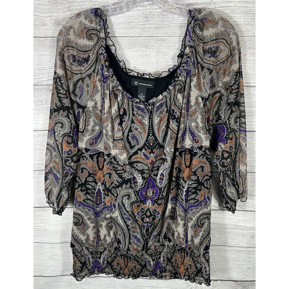 Vintage INC International Concepts Paisley Peasant Blouse XL Boho Sheer Top‎